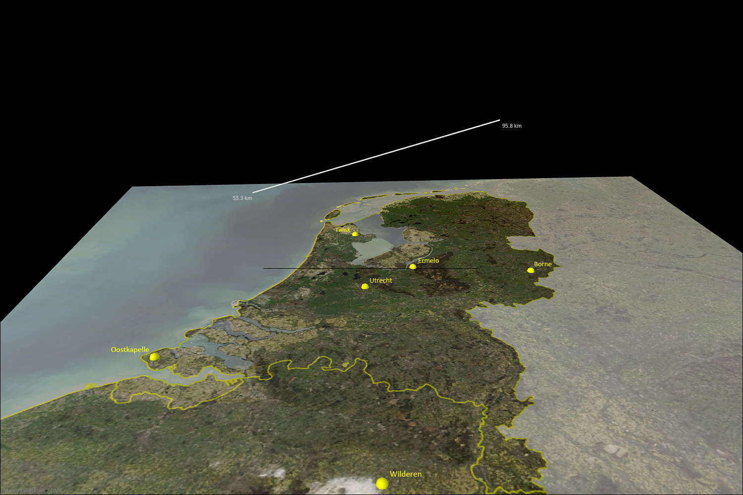 3D trajectory of the September 21st, 2017, 19h 00min UT fireball, as calcultated from ther 6 video records of the Dutch-Belgian all-sky meteor camera network. Credit: Marco Langbroek