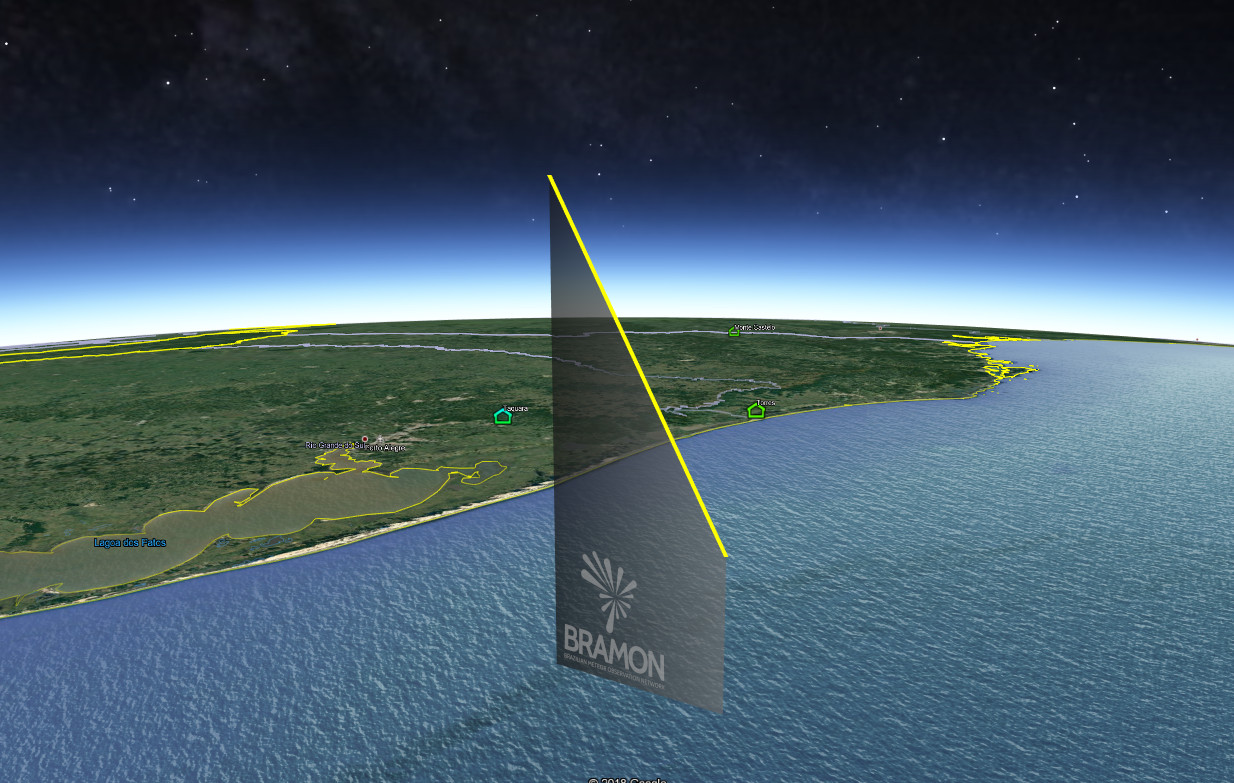 3D trajectory calculated from the video recordings of the April 12, 2019, 06h 20min UT Brazilian fireball. Credit: BRAMON
