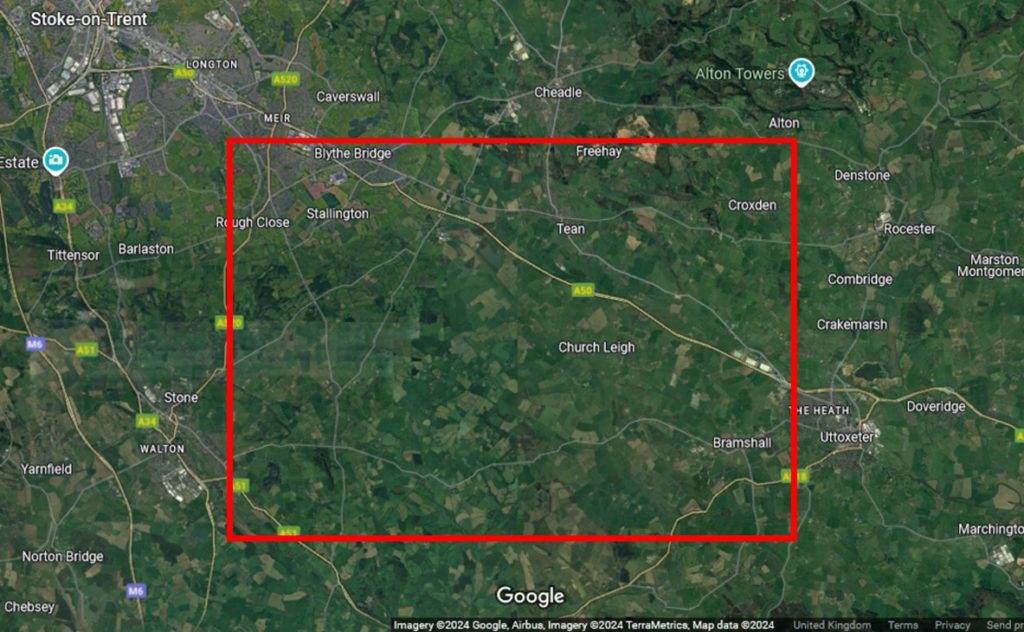 Figure 5- According to calculations from video recordings, 200 to 600 g of meteorites must have landed in the red rectangle, close to the city of Stone (UK). Credit: Jim Rowe