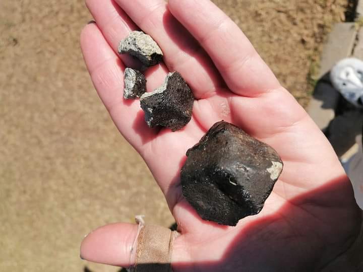 Figure 3- Recovered fragments of Nqweba meteorite, near Kirkwood, South Africa. Credit: Credit- Jessie "Jes" of Kirkwood, SA via FB Nita van Z.