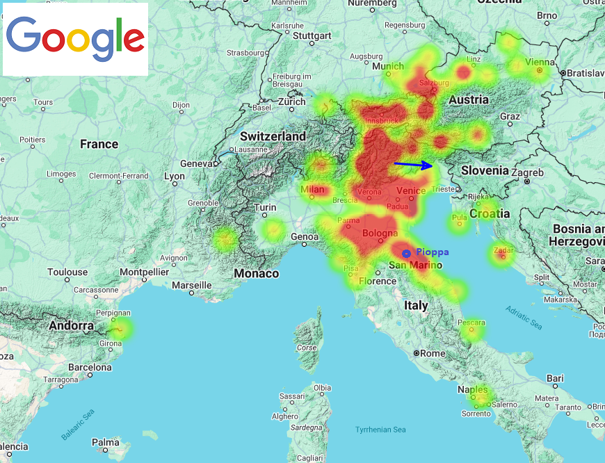 Figure 2- Heat map of witnesses that reported their observation of the July 25th, 2024, 19h 31min UT fireball (Event #3622-2024). The blue arrow displays the path automatically calculated from those visual reports. Credit: IMO/AMS